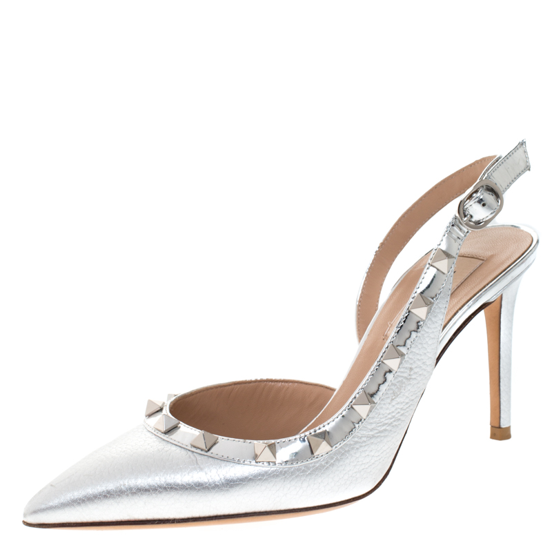 Valentino Metallic Silver Leather Rockstud D'orsay Slingback Pointed Toe Sandals Size 36.5