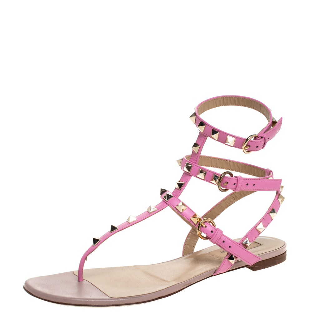 Valentino Pink Leather Rockstud Thong Gladiator Sandals Size 39