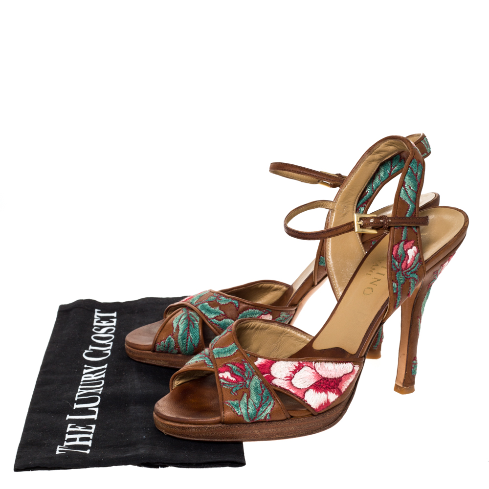 Valentino Brown Leather Embroidered Ankle Strap Sandals Size 39.5