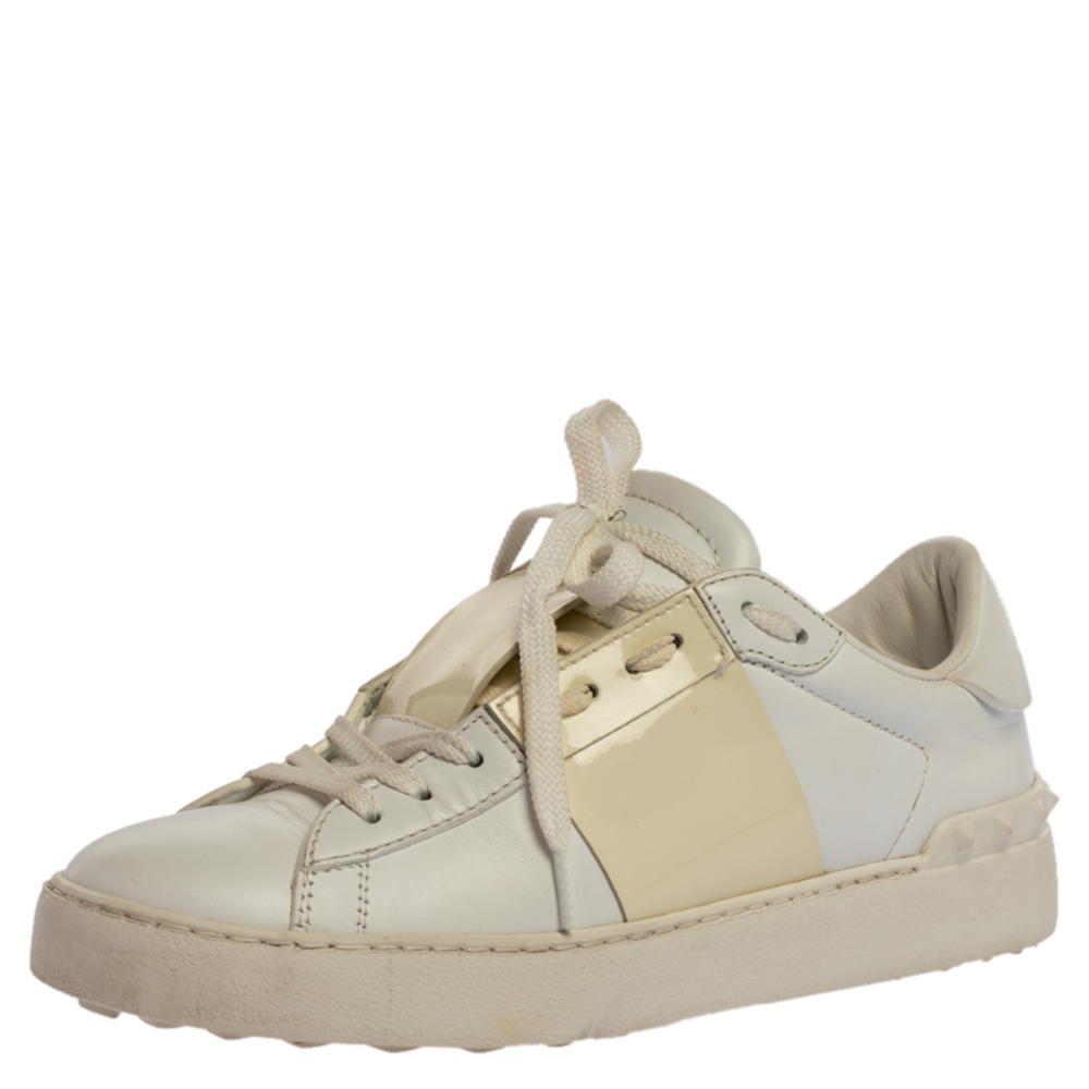 Image of Valentino White Leather Rockstud Low Top Sneakers Size .