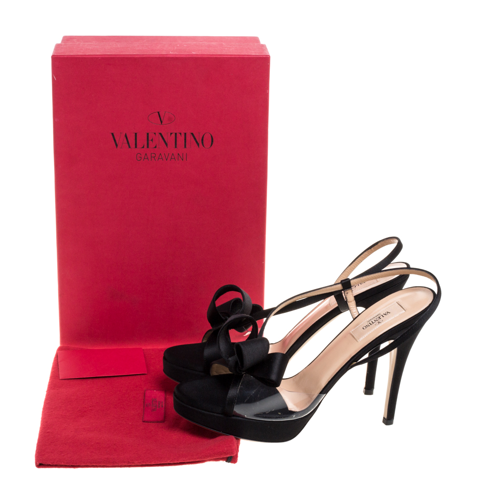 Valentino Black Satin And PVC Bow Open Toe Slingback Sandals Size 39.5