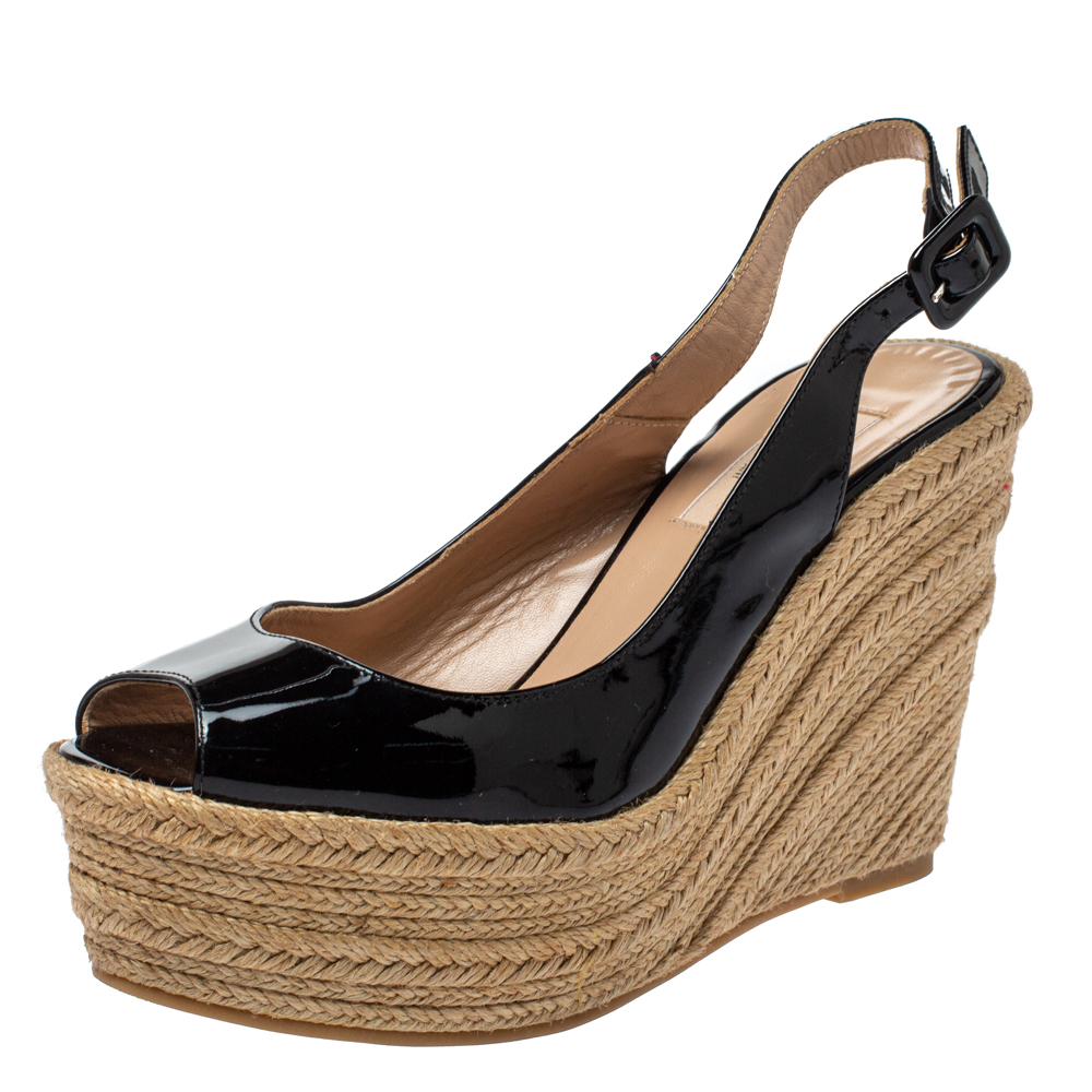 Image of Valentino Black Patent Leather Wedge Platform Espadrilles Slingback Sandals Size