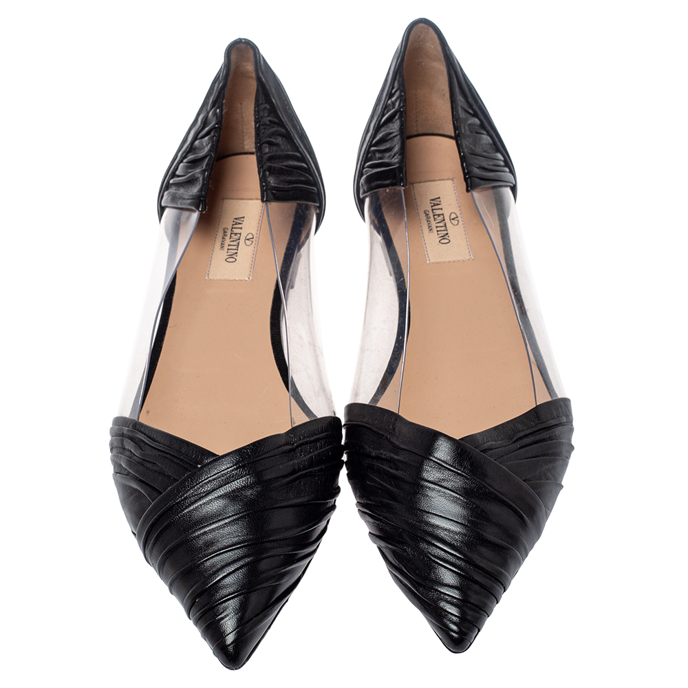 Valentino Black Leather And PVC B Drape Pointed Toe Ballet Flats Size 40.5
