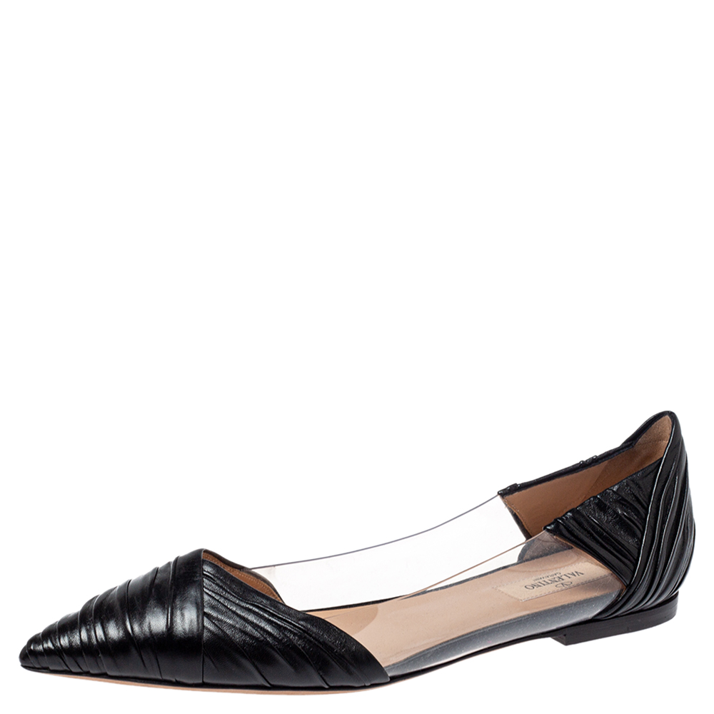 Valentino black leather and pvc b drape pointed toe ballet flats size 40.5