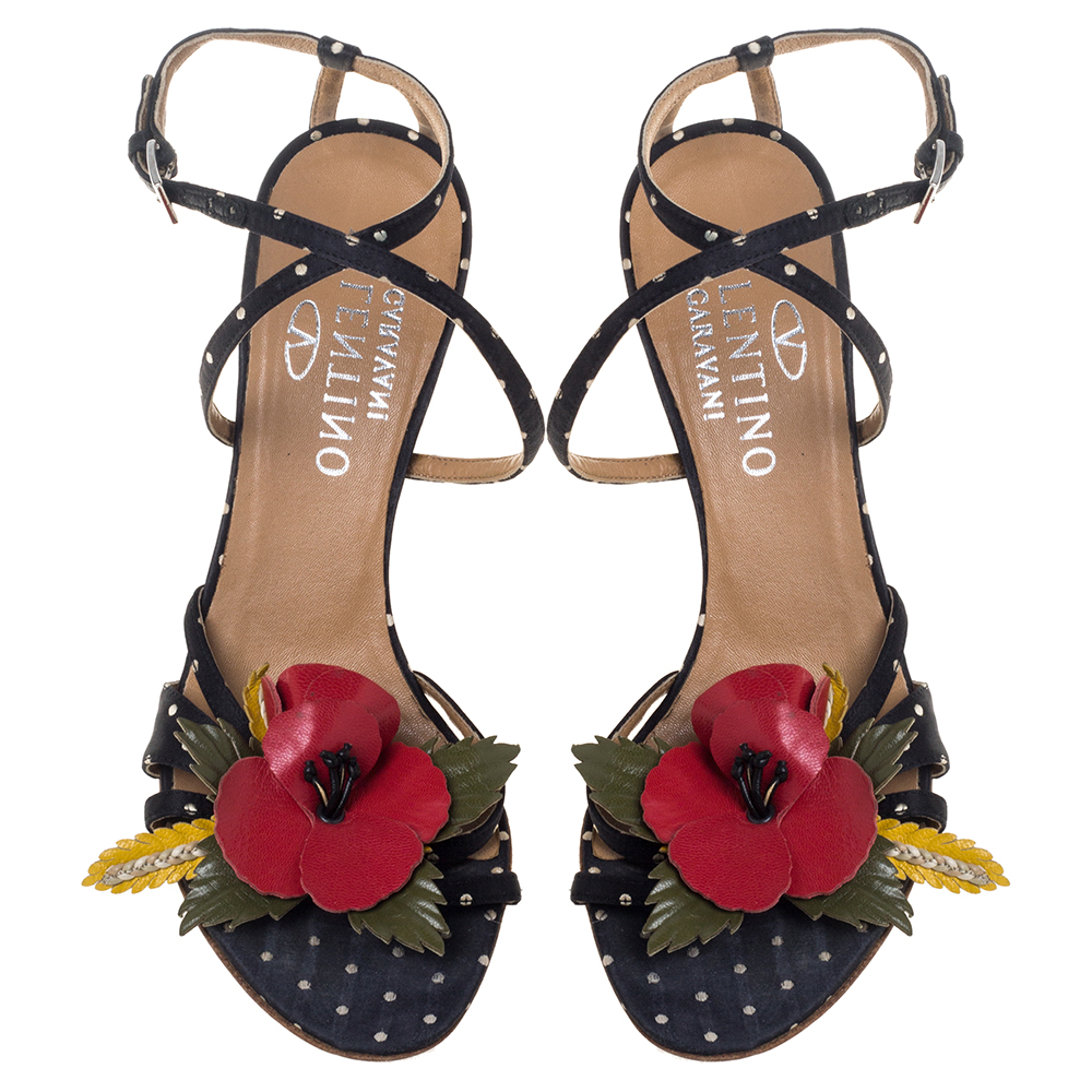 Valentino Black Satin Polka Dot Floral Embellished Ankle Strap Sandals Size 36