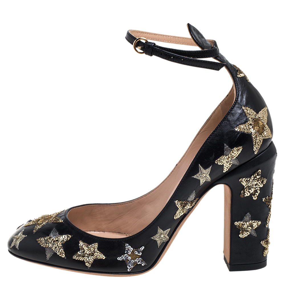 

Valentino Black Leather Tango Sequin Star Ankle Strap Pumps Size