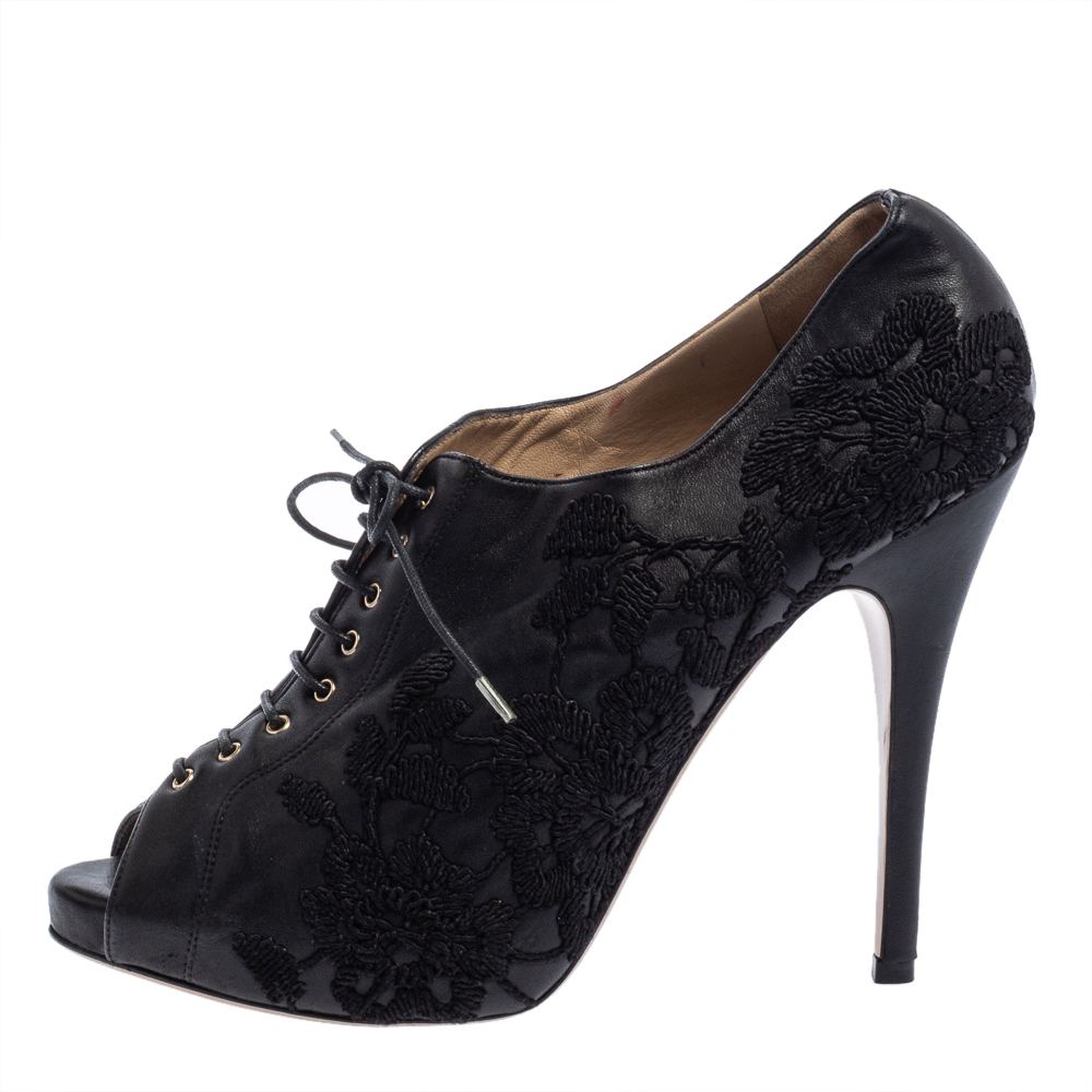 Valentino Black Leather Floral Embroidered Peep Toe Ankle Booties Size 40