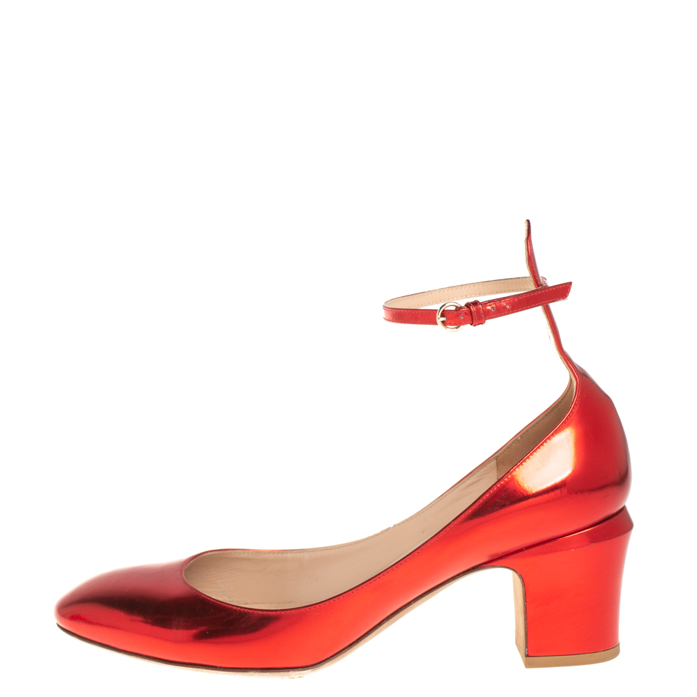 

Valentino Metallic Red Leather Tango Block Heel Ankle Strap Pumps Size