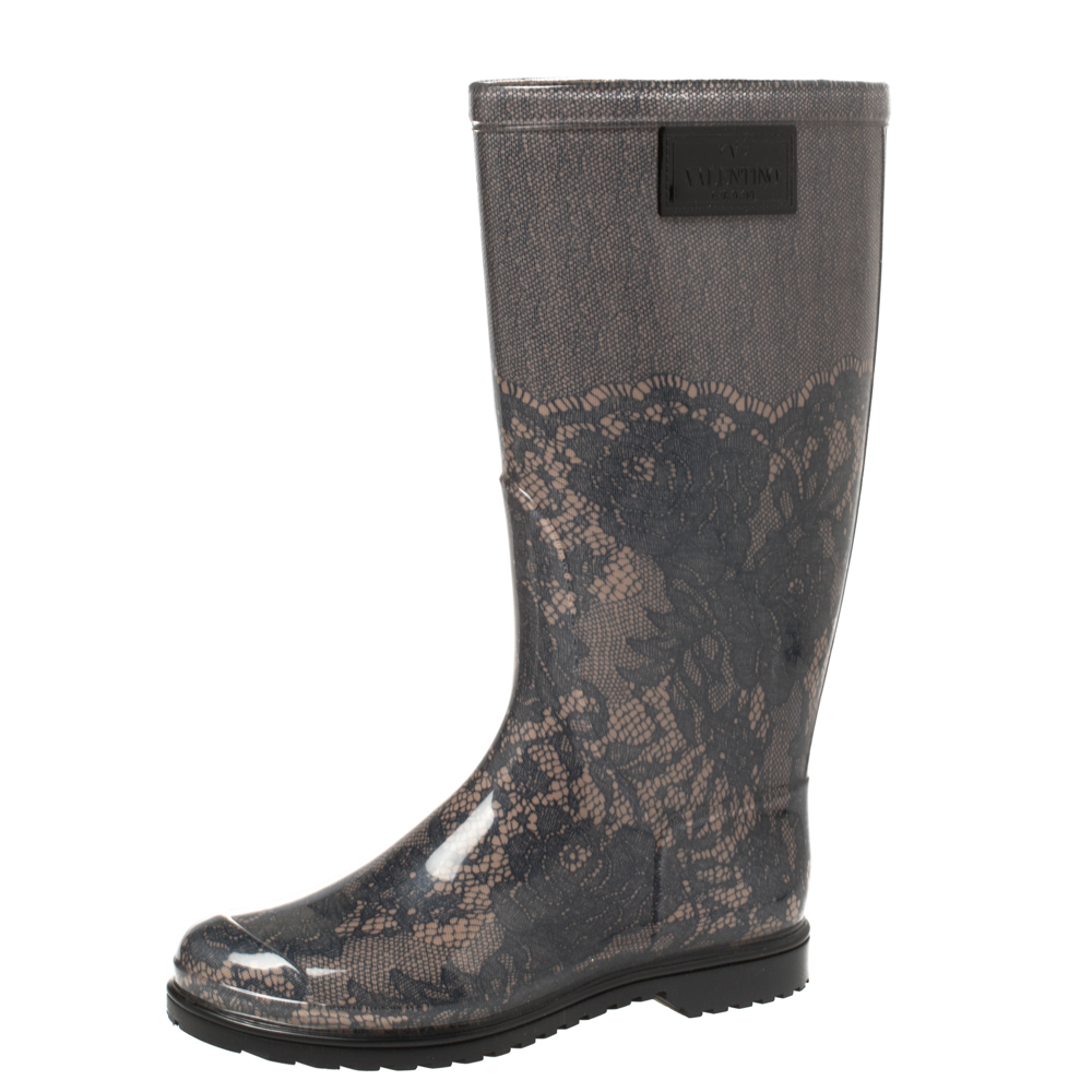 Valentino Black/Beige Lace Print Rubber Rain Boots Size 36