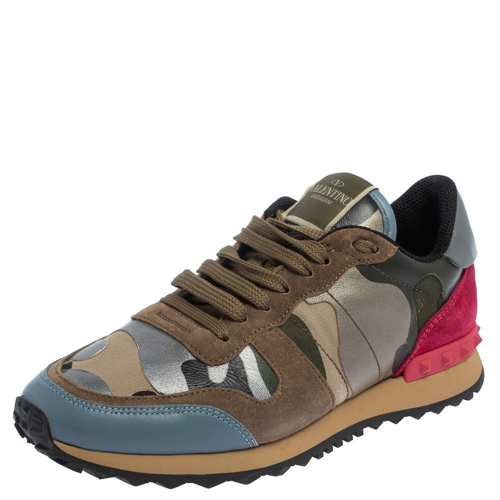 Valentino Multicolor Canvas And Suede Rockrunner Camouflage Low Top Sneakers Size 38