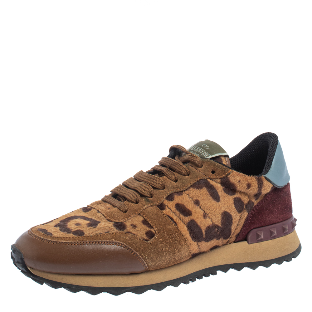Valentino Brown Animal Print Calf Hair, Suede and Leather Rockrunner Low Top Sneakers Size 39.5