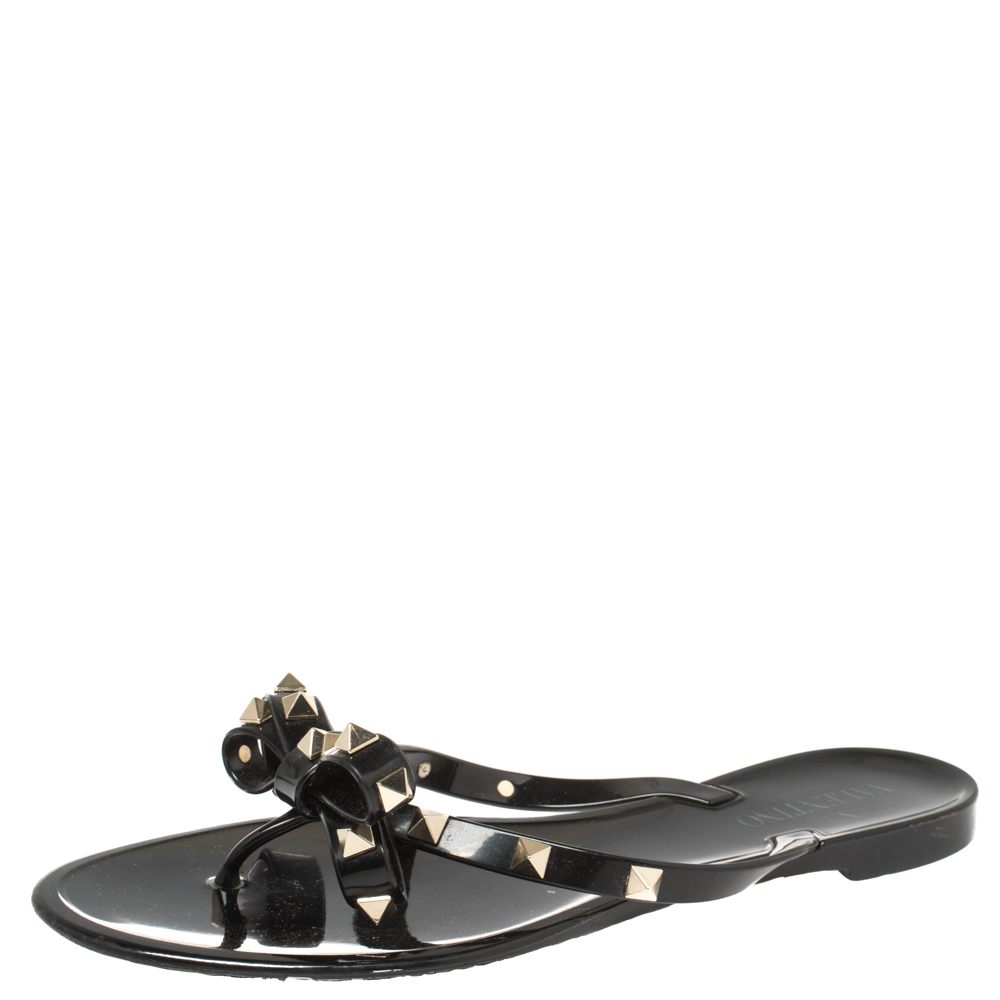 Valentino Black Jelly Rockstud Bow Flat Sandals Size 38