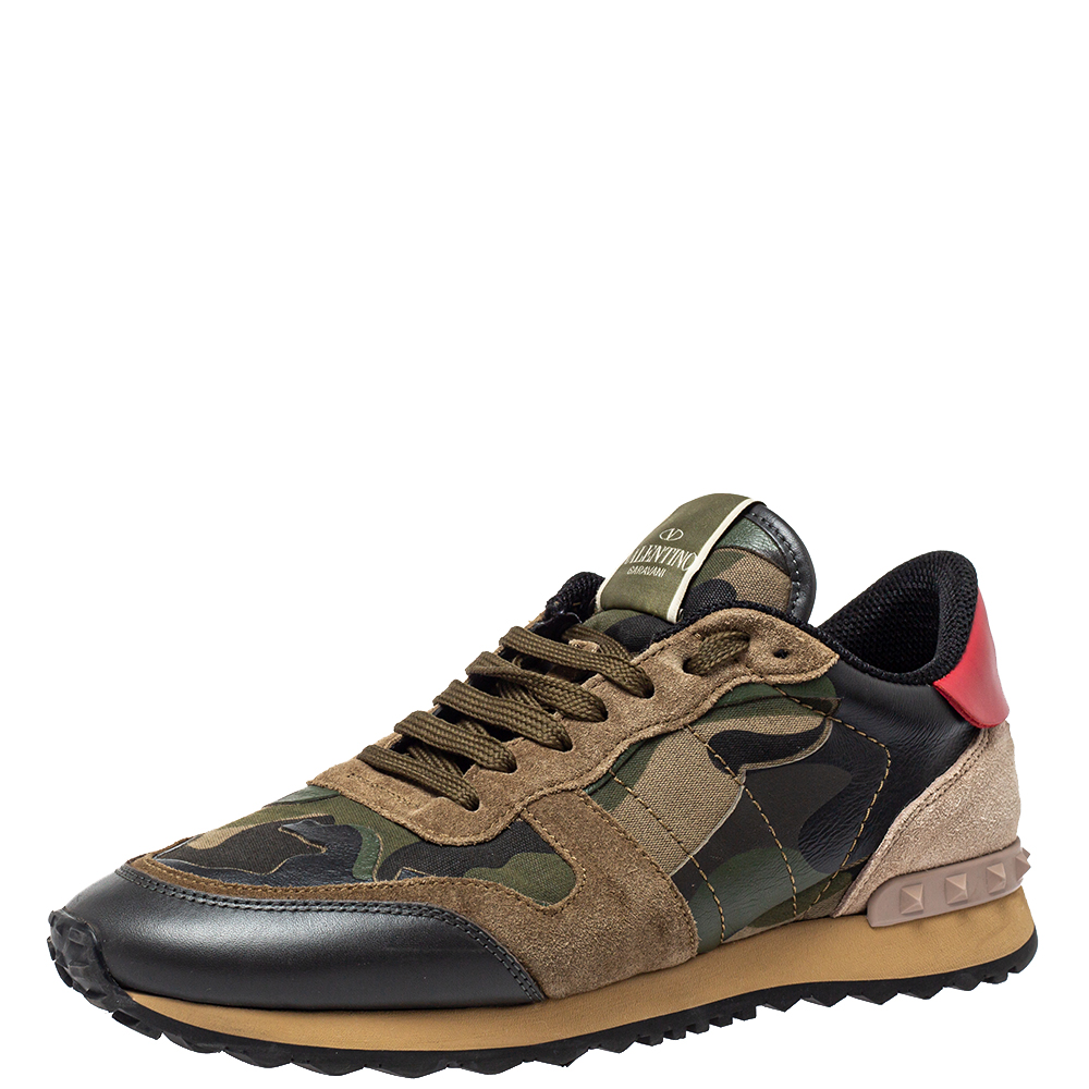 Valentino Leather, Suede Multicolor Camouflage Rockrunner Sneaker Size 40