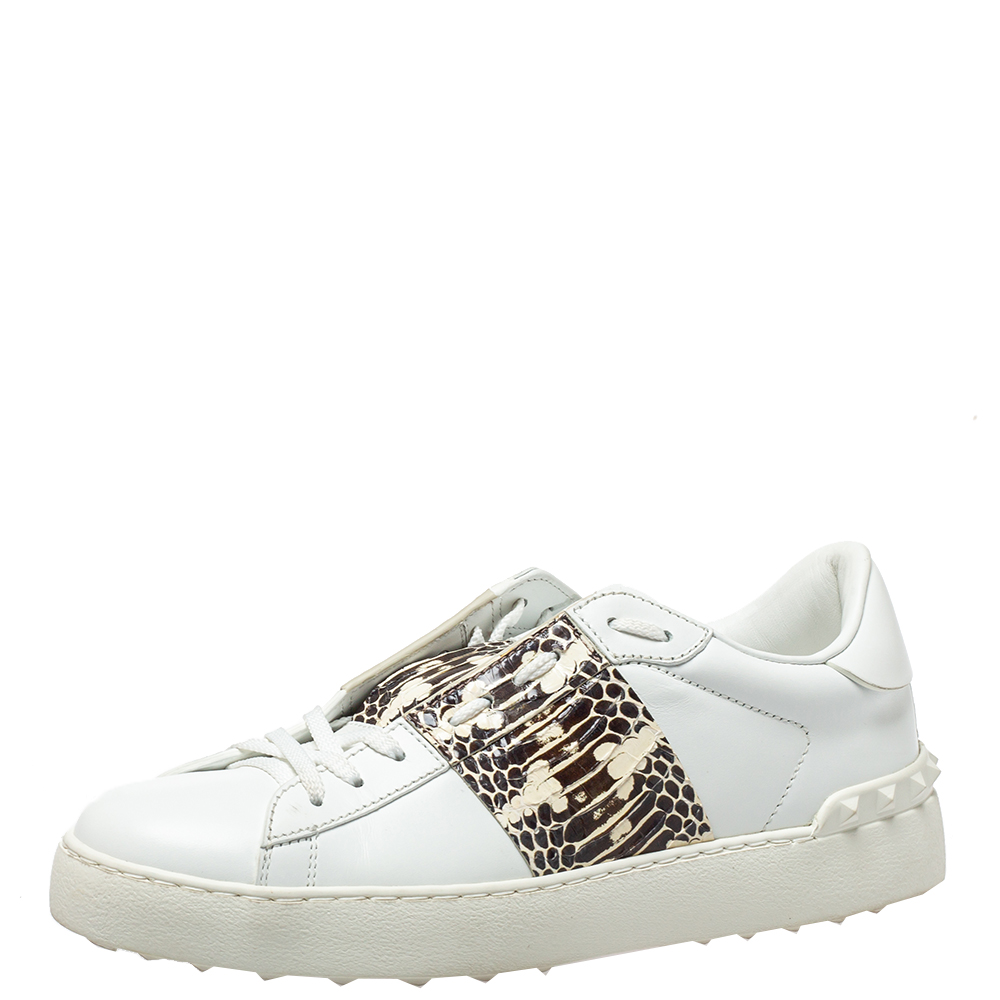 Valentino White Leather, Python Embossed Leather Band Low Top Sneakers Size 40