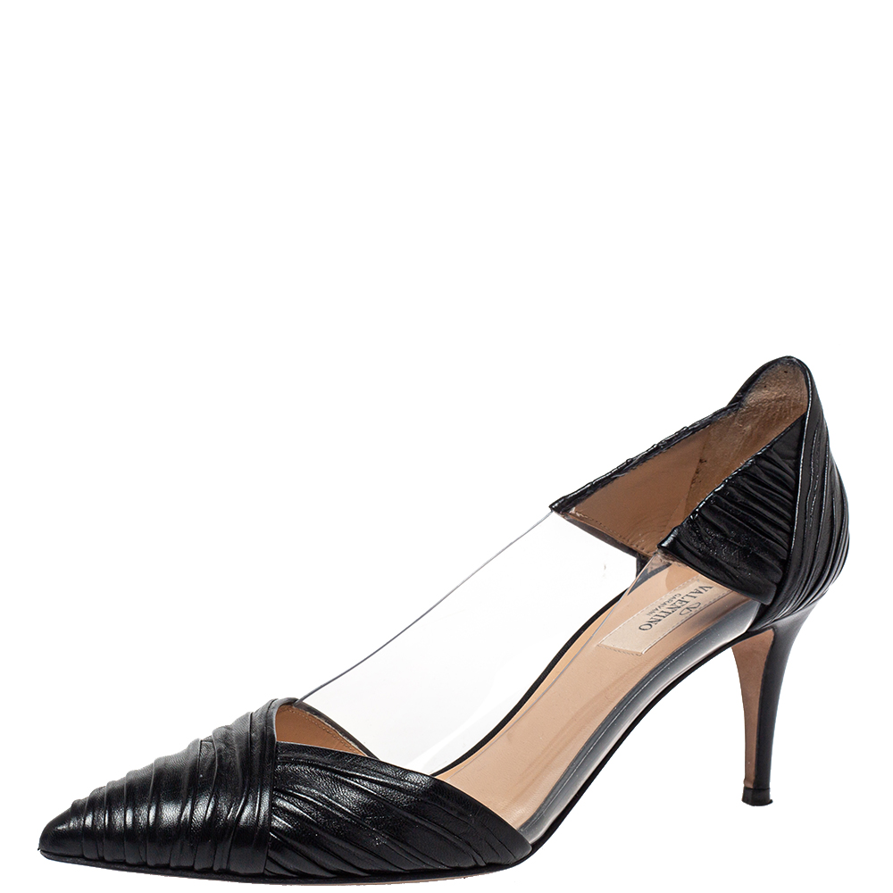 Valentino Black Leather and PVC B Drape Pointed Toe Pumps Size 39