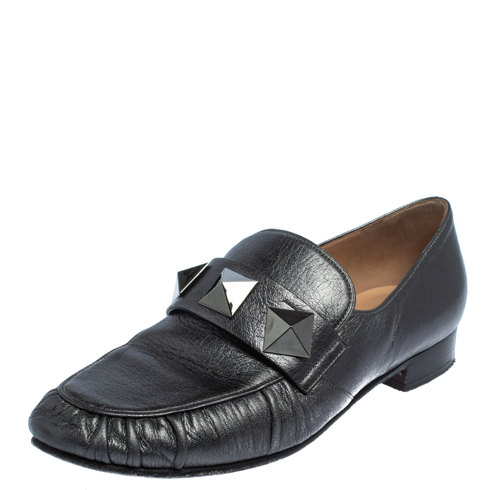 Valentino Metallic Grey Leather Rockstud Loafers Size 36
