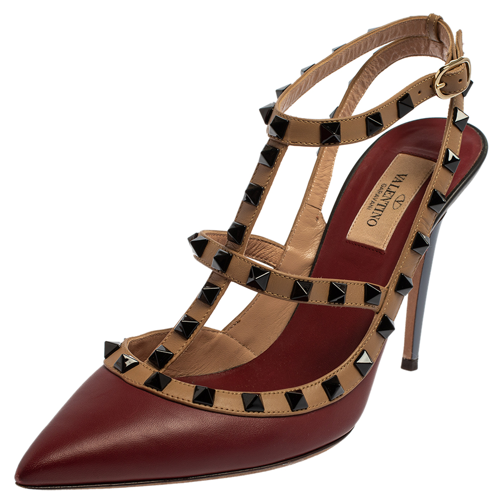 Valentino Burgundy Leather Rockstud Ankle Strap Sandals Size 39