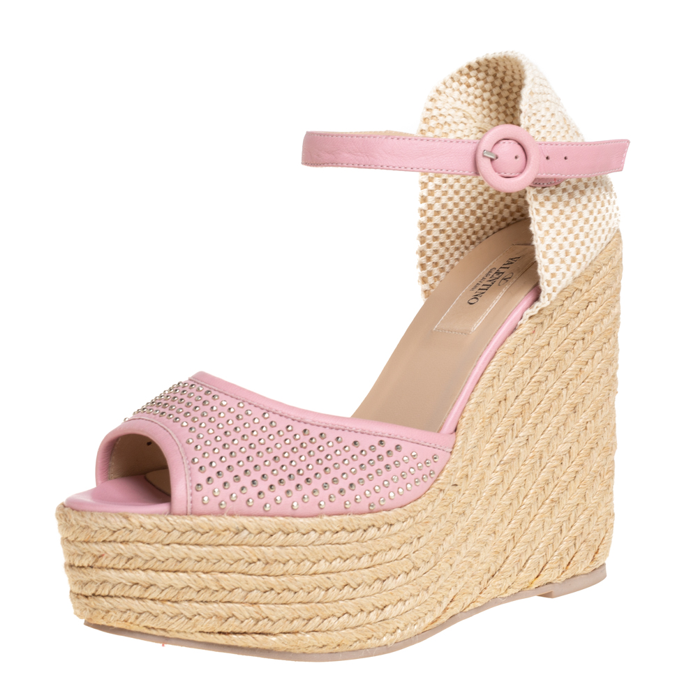 Valentino Pink Leather And Canvas Studded Wedge Espadrille Sandals Size 38
