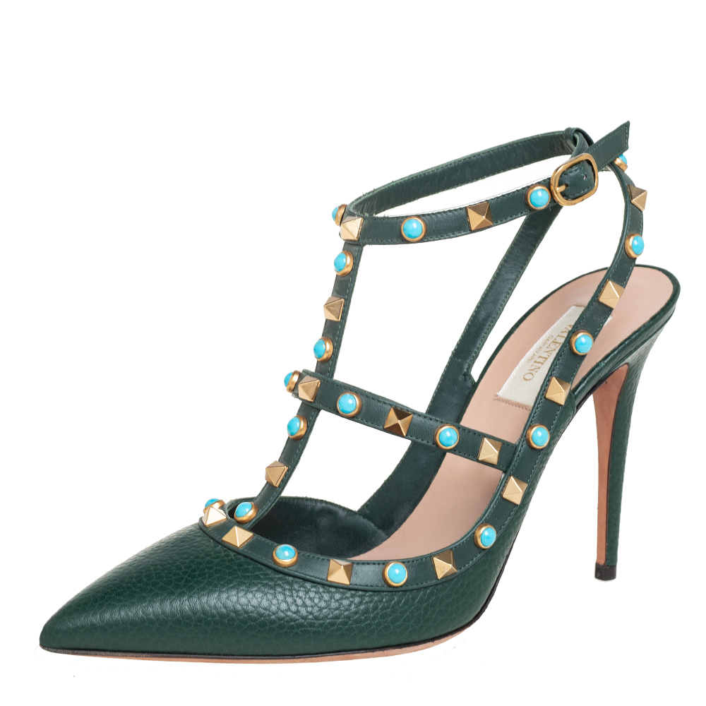 Valentino Dark Green Leather Rolling Rockstud Pointed Toe Ankle Strap Sandals Size 40