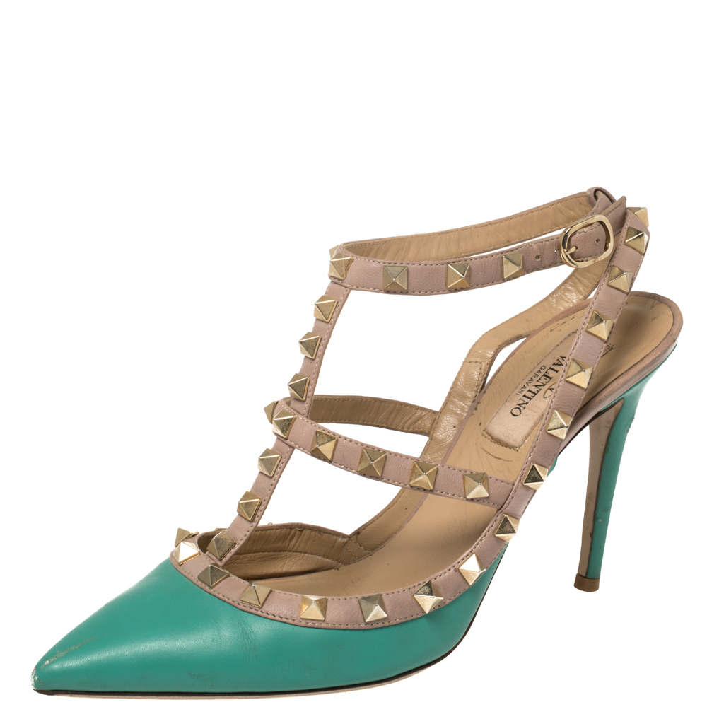 Valentino Green/Beige Leather Rockstud Ankle Strap Sandals Size 37.5