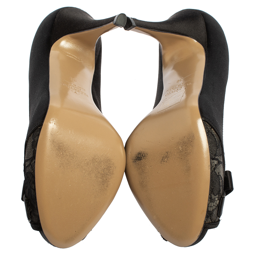 Valentino Black Satin Bow Peep Toe Platform Pumps Size 36
