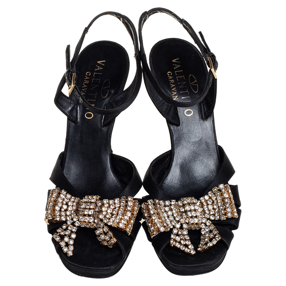 Valentino Black Satin Bow Crystal Embellished Ankle Strap Sandals Size 37