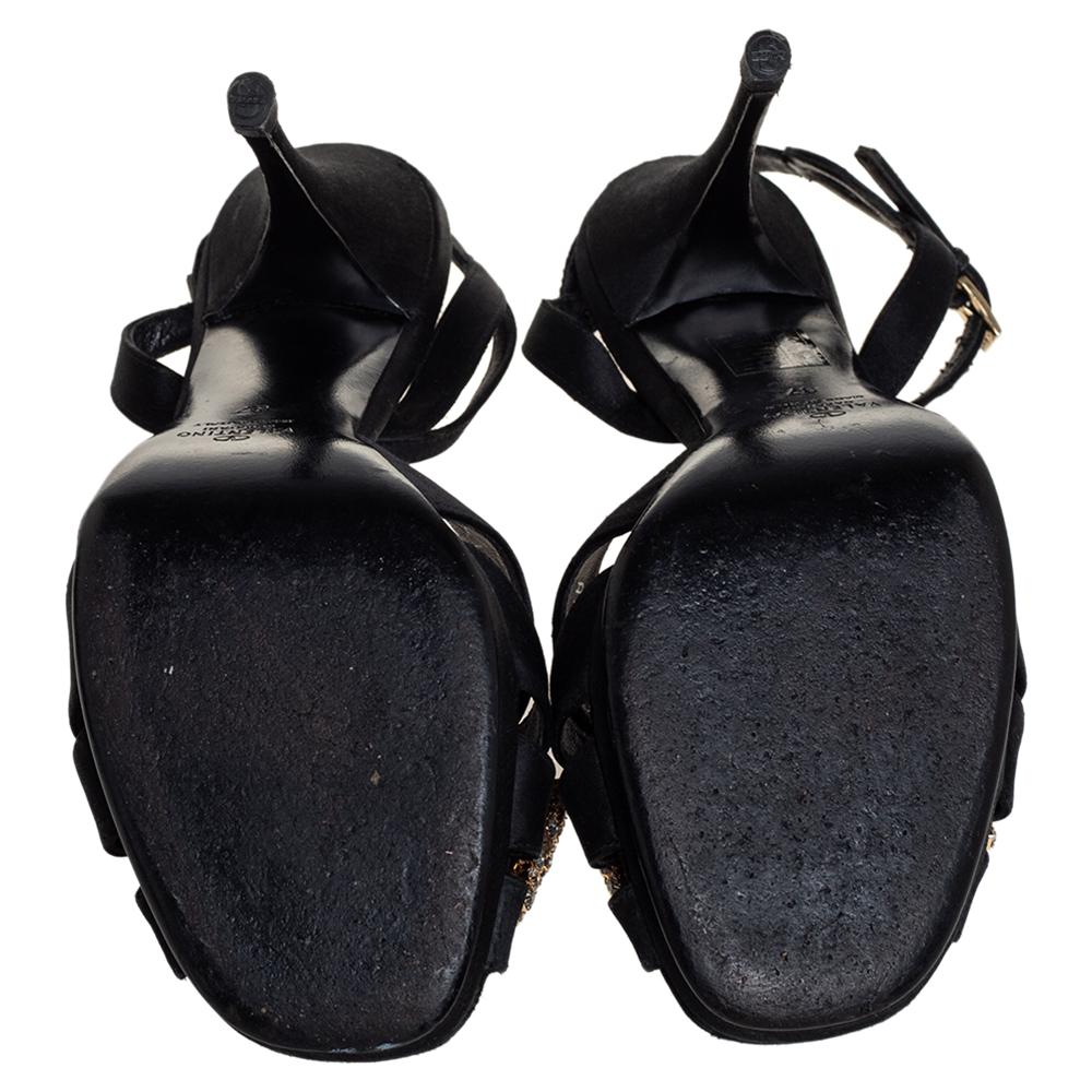 Valentino Black Satin Bow Crystal Embellished Ankle Strap Sandals Size 37