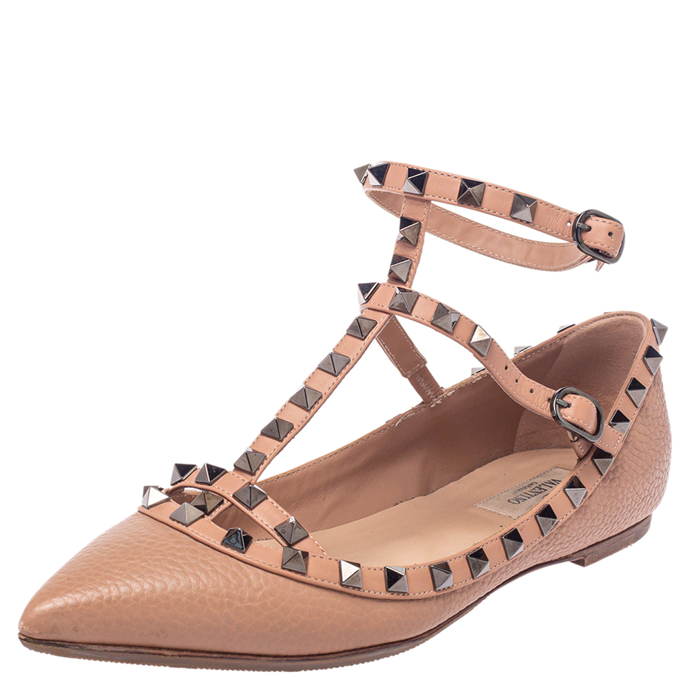 Valentino Beige Leather Rockstud Ankle Strap Pointed Toe Flats Size 39