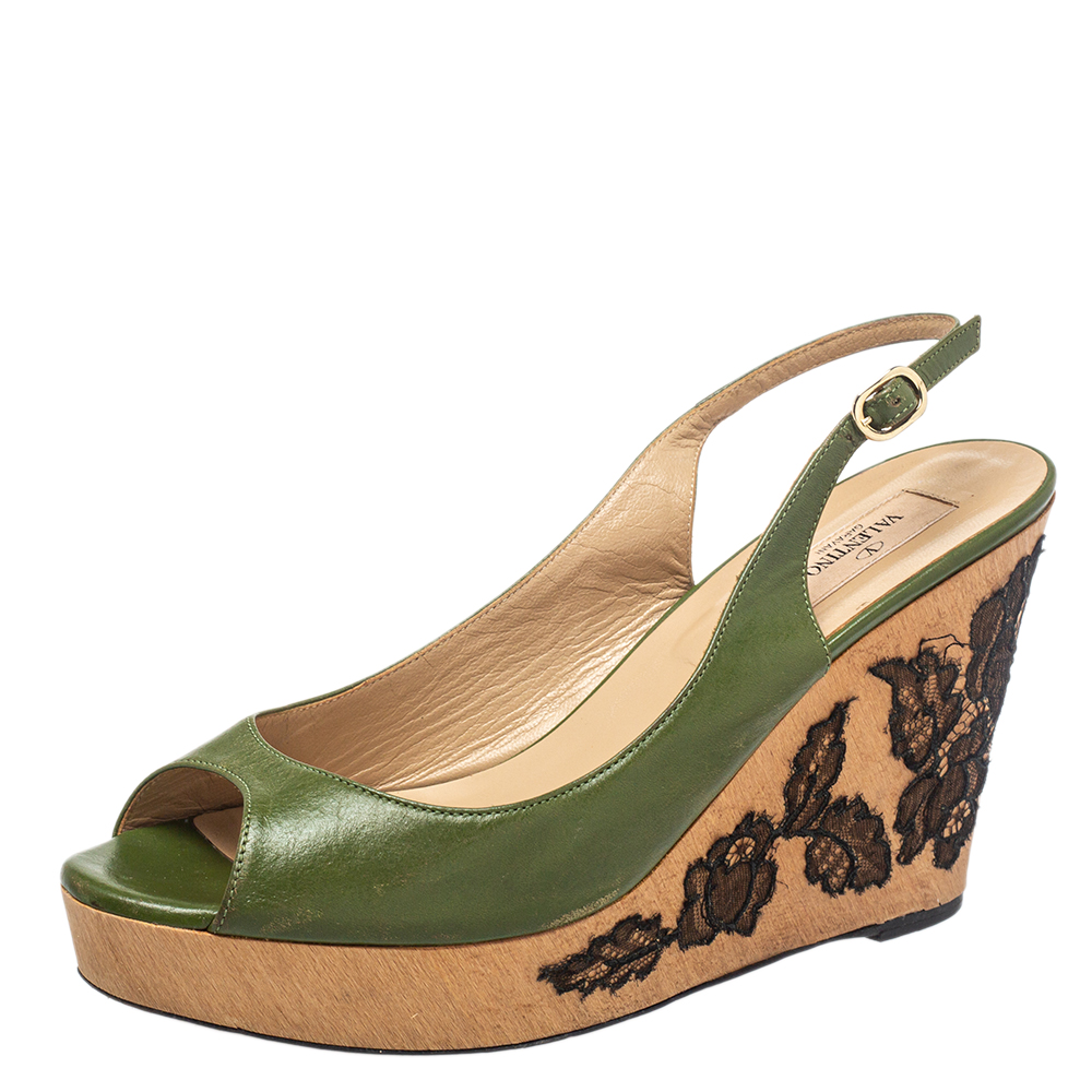 Valentino Green Leather Wedge Slingback Sandals Size 40