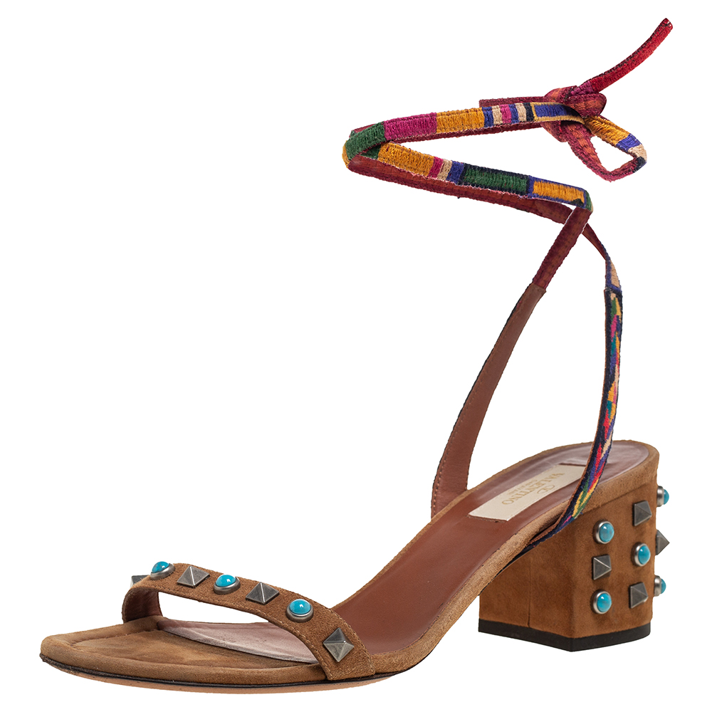 Valentino Brown Leather Rockstud Rolling Embroidered Ankle Wrap Sandals Size 37