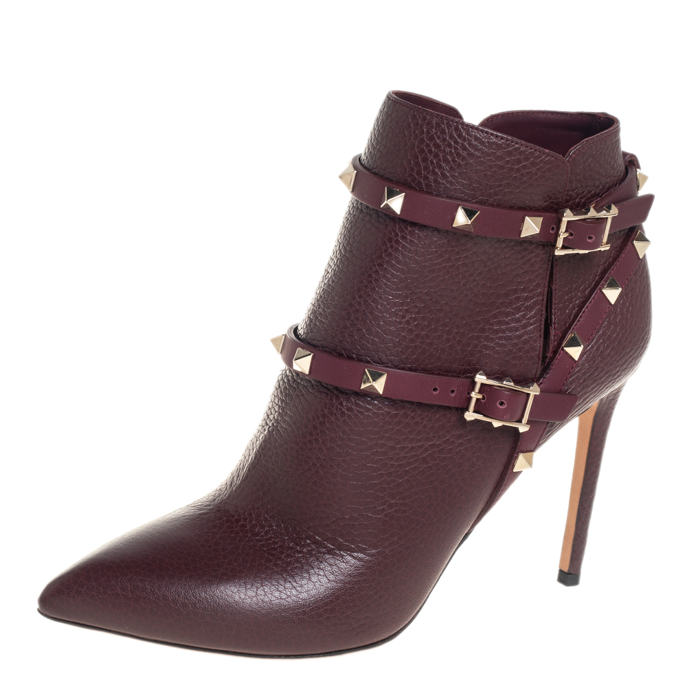 Valentino Maroon Leather Rockstud Pointed Toe Ankle Boots Size 39