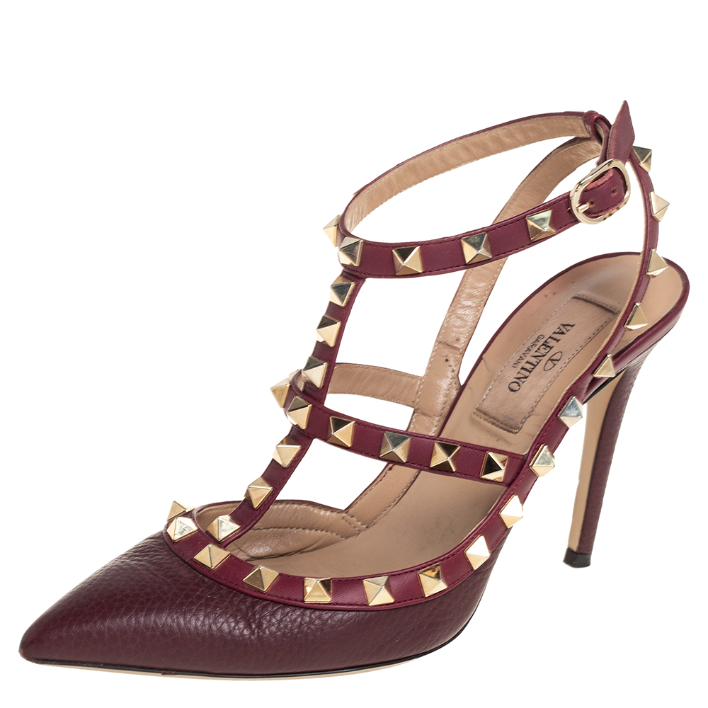 Valentino Burgundy Leather Rockstud Pointed Toe Ankle Strap Sandals Size 36