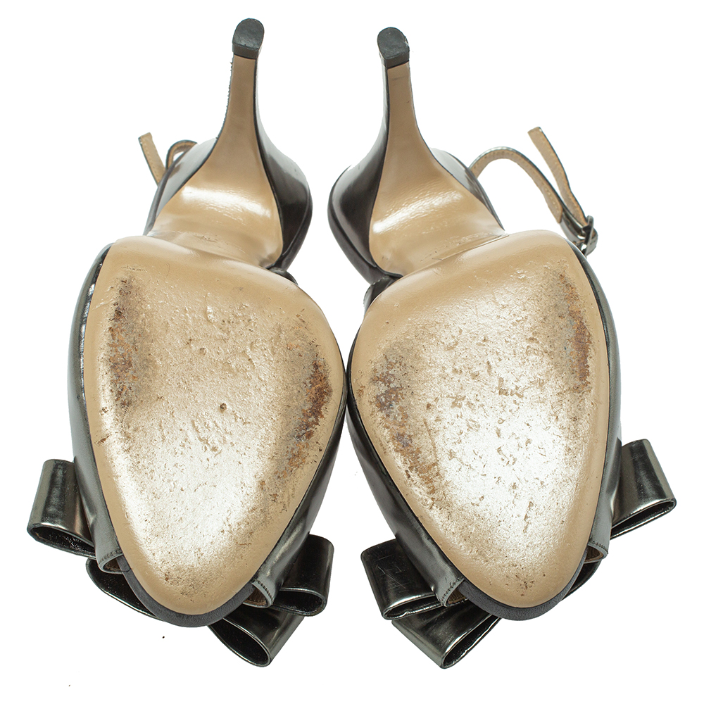Valentino Metallic Grey Leather Bow Peep Toe Slingback Pumps Size 36