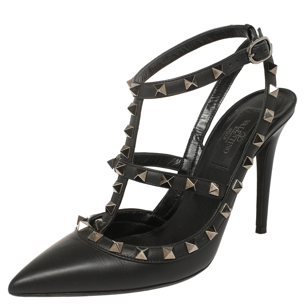 Valentino Black Leather Rockstud Pointed Toe Ankle Strap Sandals Size 36