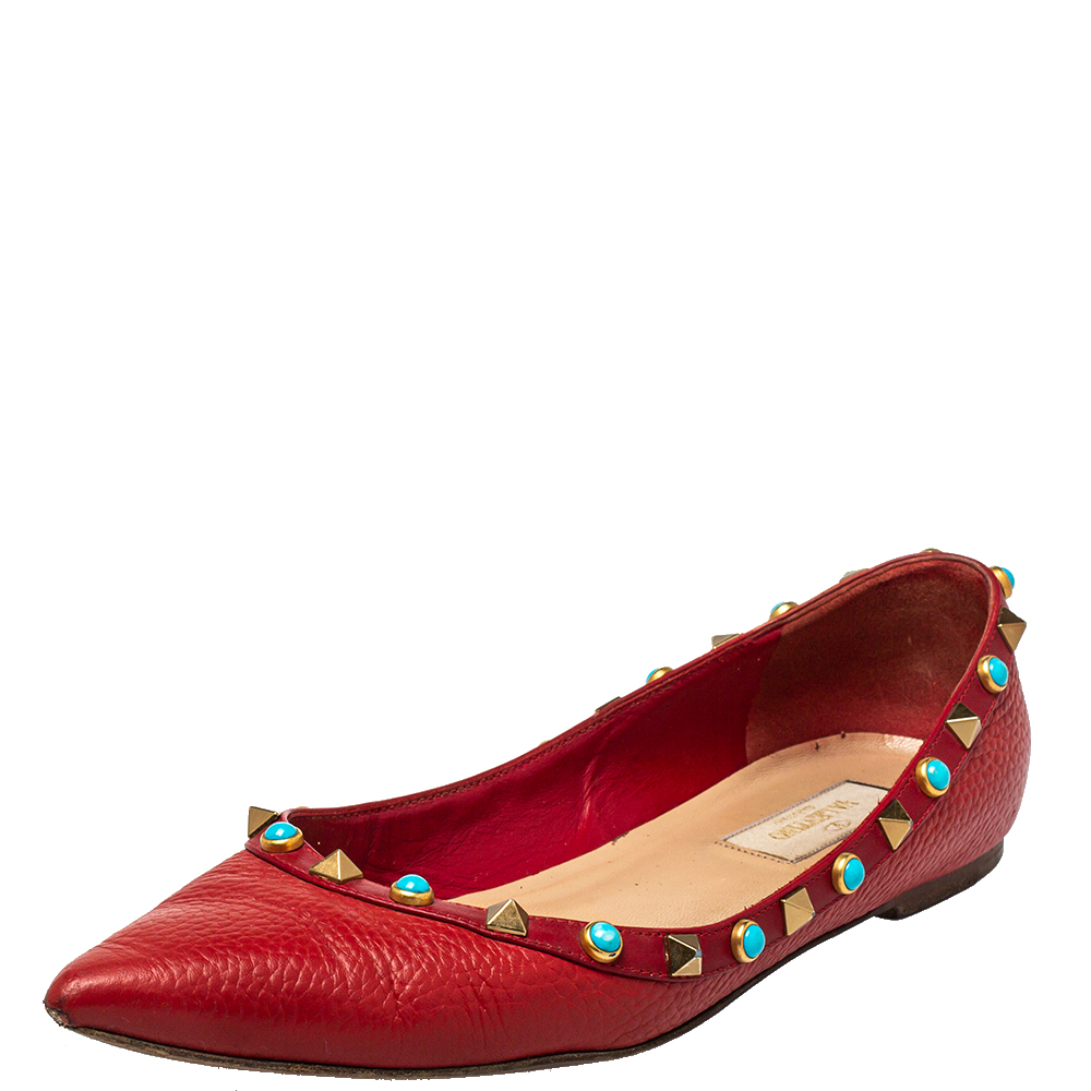 Valentino Red Leather Rockstud Pointed Toe Ballet Flats Size 37