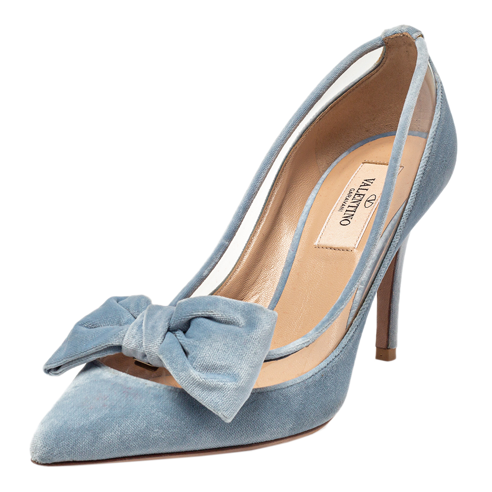 Valentino Light Blue PVC And Velvet Dollybow Pointed Toe Pumps Size 36