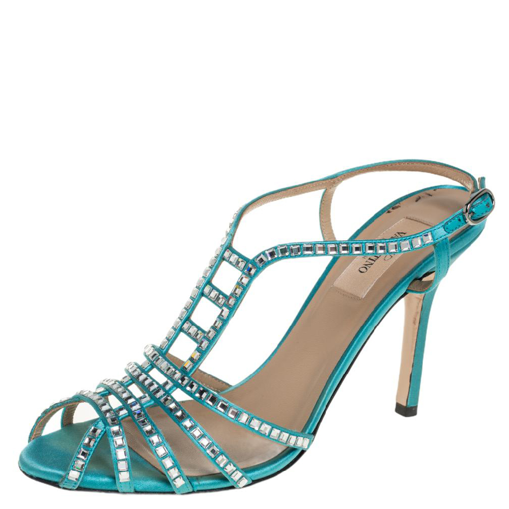 Valentino Blue Satin Crystal Embellished Sandals Size 38