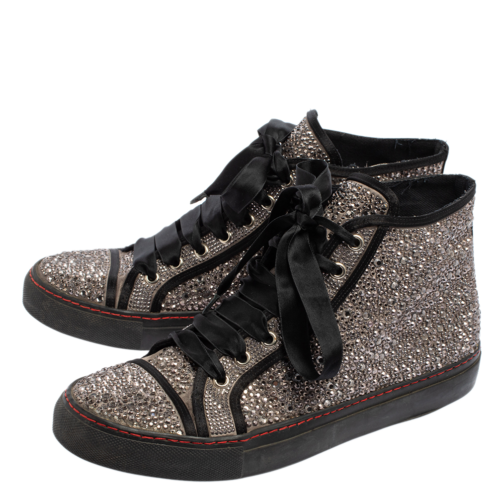 Valentino Grey/Black Embellished Satin High Top Sneakers Size 39.5