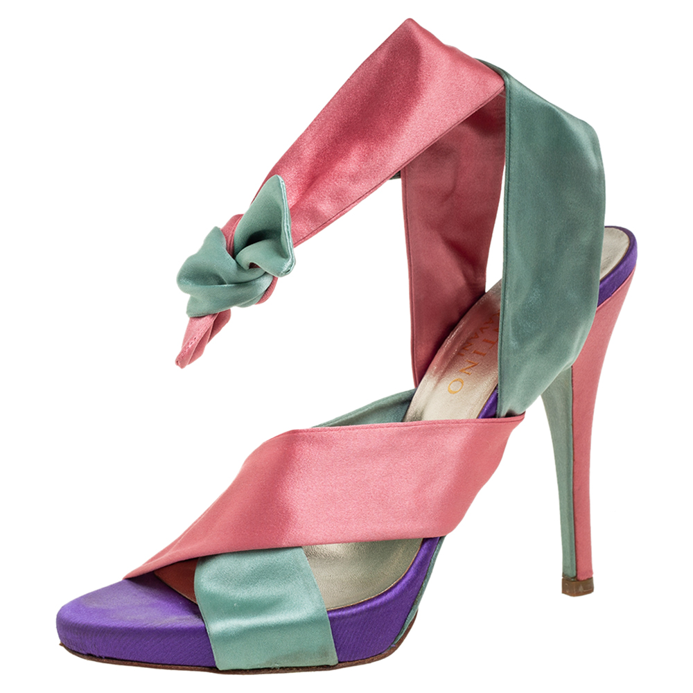 Valentino Multicolor Satin Criss Cross Ankle Tie Sandals Size 40