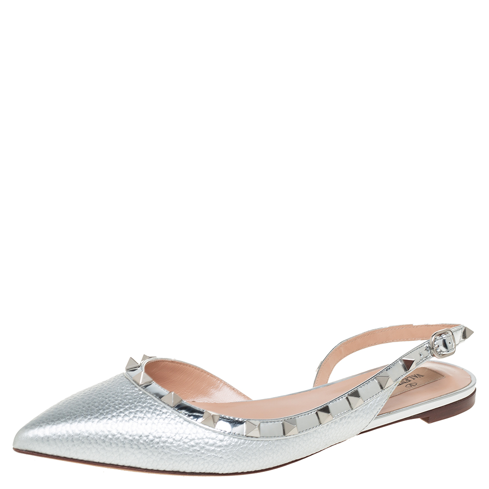 Valentino Silver Patent And Leather Rockstud Slingback Flats Size 39.5
