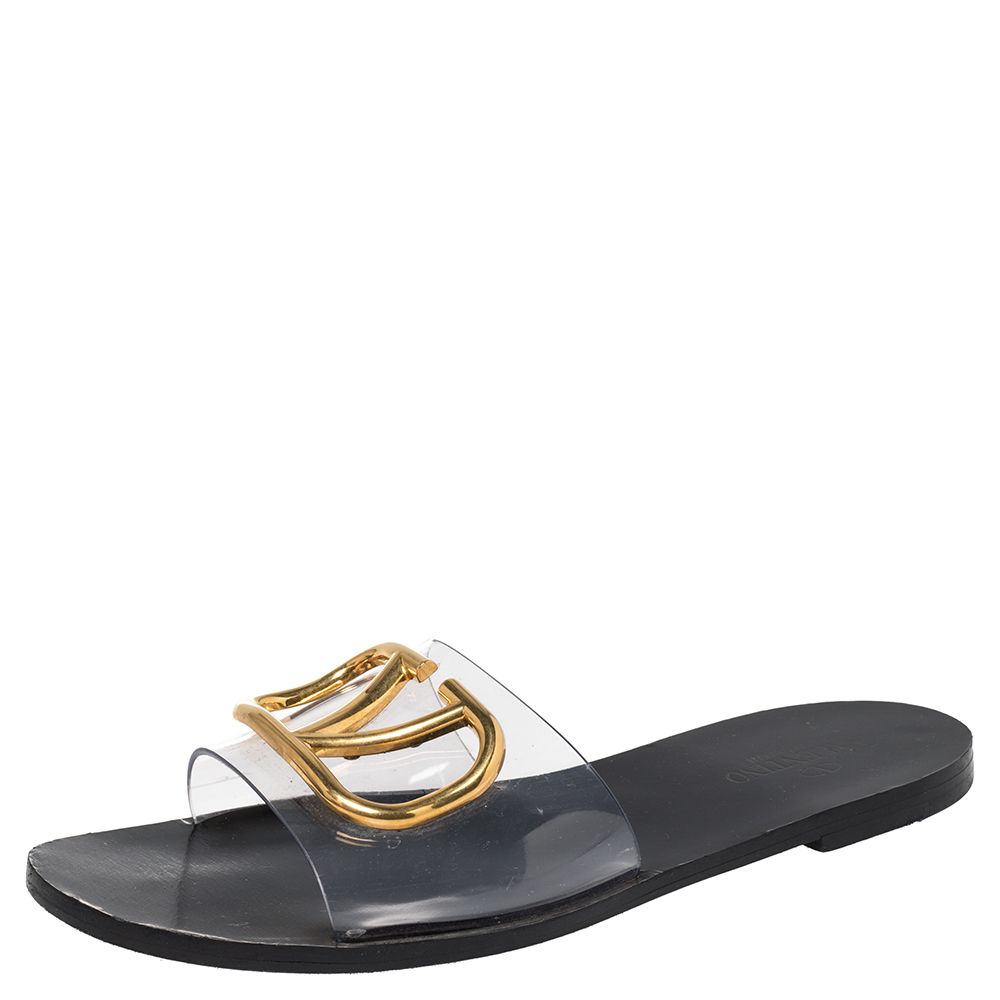 Valentino White/Black PVC Vlogo Slide Sandals Size 37