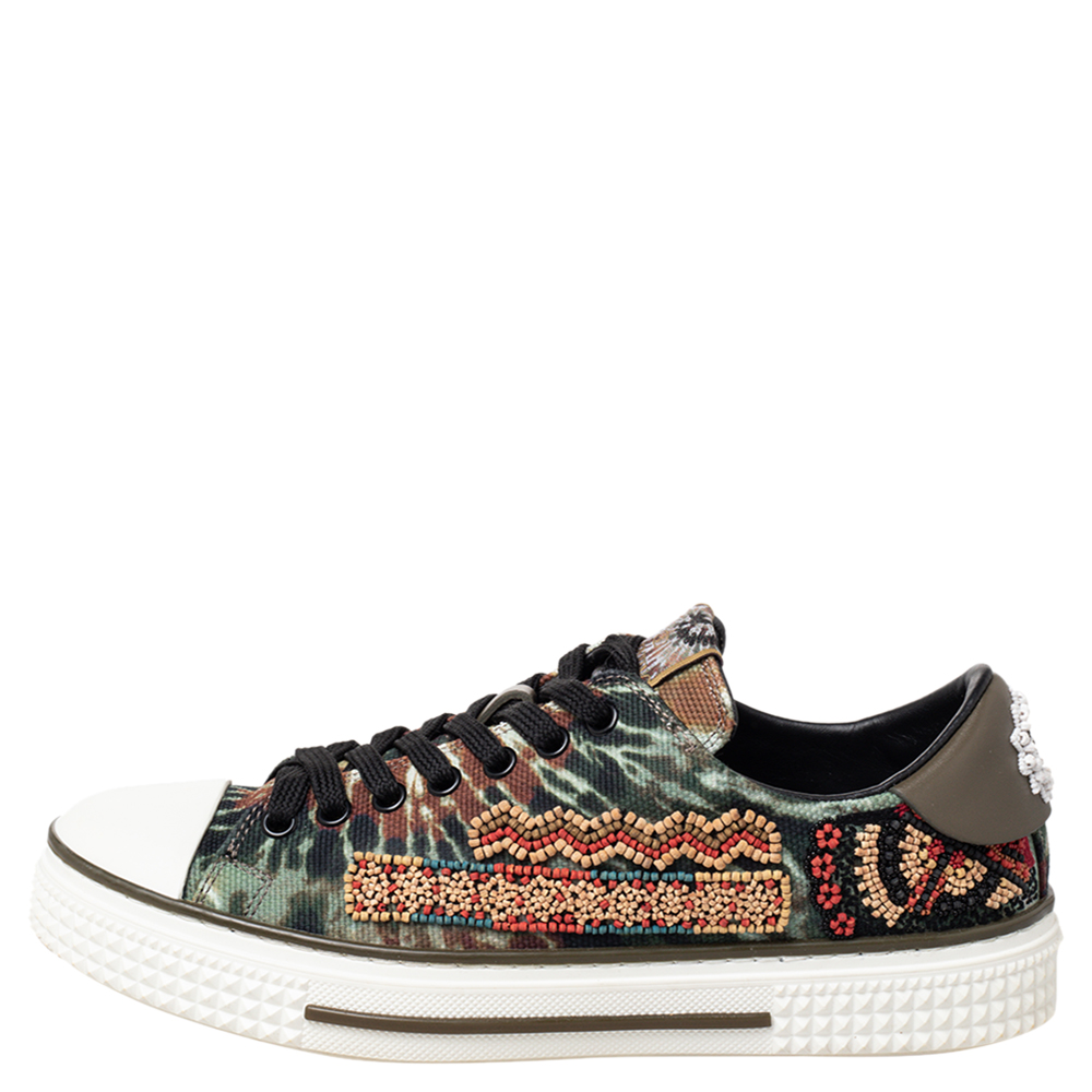 Valentino Multicolor Canvas And Rubber Cap Toe Embellished Low Top Sneakers Size 38