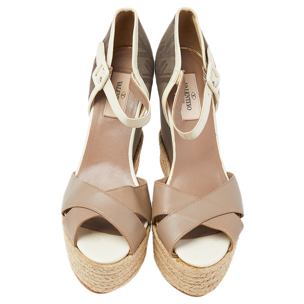 Valentino Beige/Brown Leather And Fabric Wedge Platform Espadrille Sandals Size 39.5