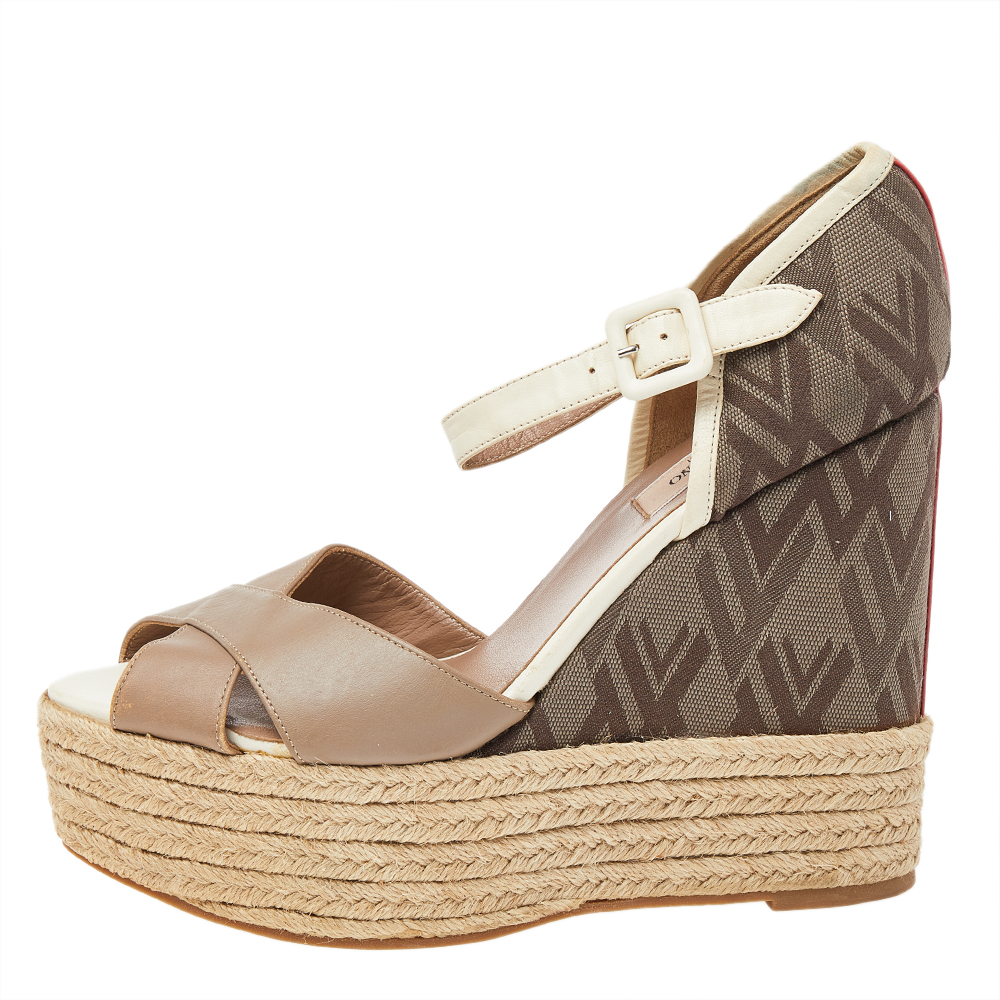 Valentino Beige/Brown Leather And Fabric Wedge Platform Espadrille Sandals Size 39.5