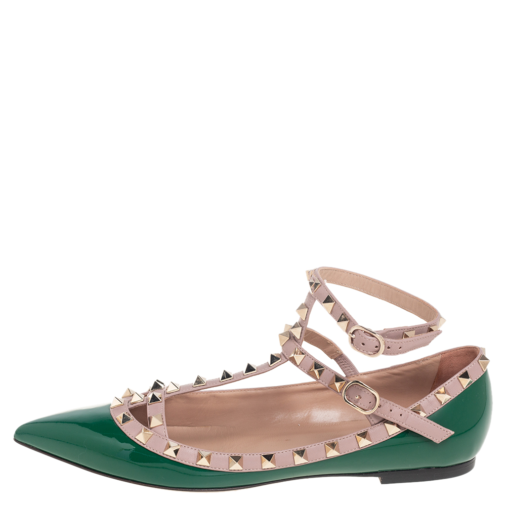 Valentino Green/Beige Patent Leather Rockstud Ankle Strap Ballet Flats Size
Valentino Green/Beige Patent Leather Rockstud Ankle Strap Ballet Flats Size
