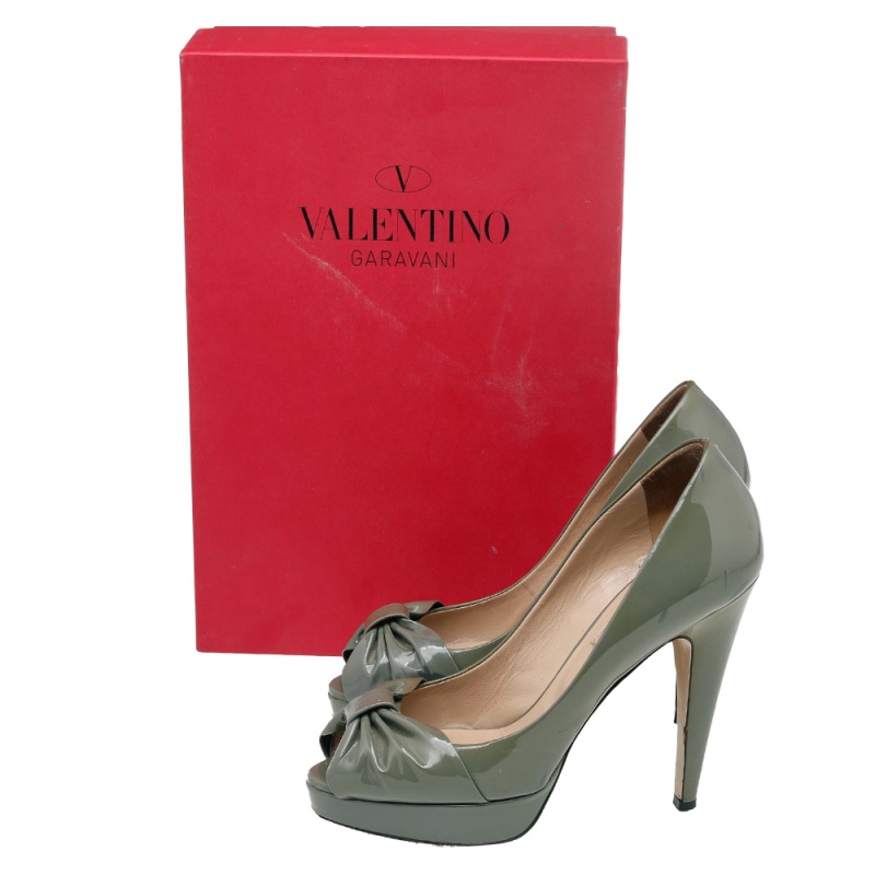 Valentino Olive Green Patent Leather Platform Peep Toe Pumps Size 35