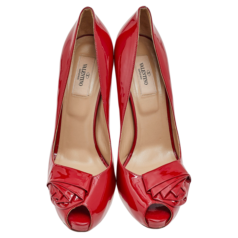 Valentino Red Patent Leather Peep Toe Platform Pumps Size 40