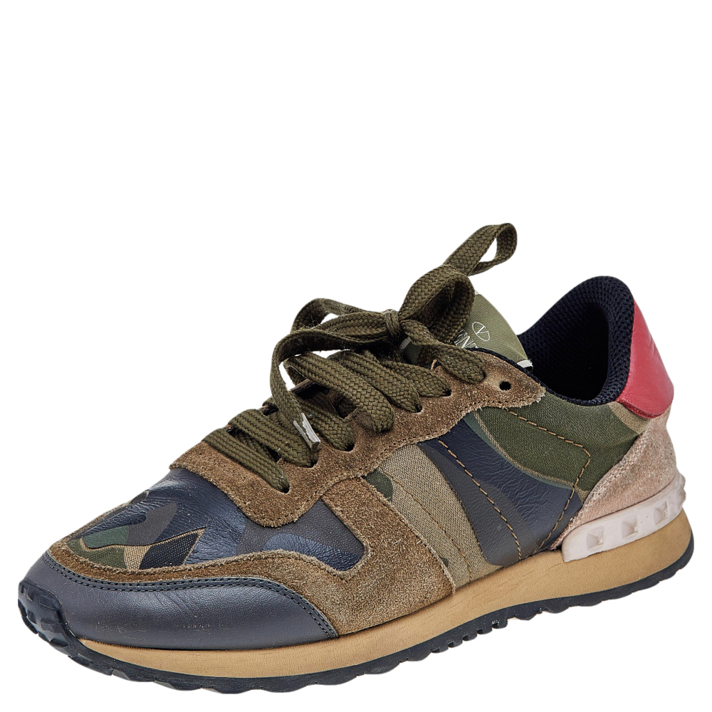 Valentino multicolor camouflage suede and leather rockrunner sneakers size 36