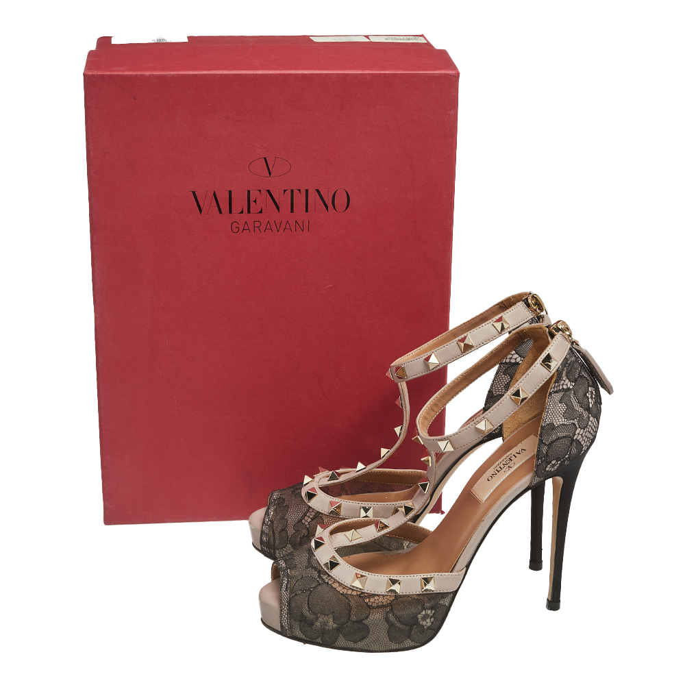 Valentino Black/Pink Lace Rockstud Peep-Toe Sandals Size 36