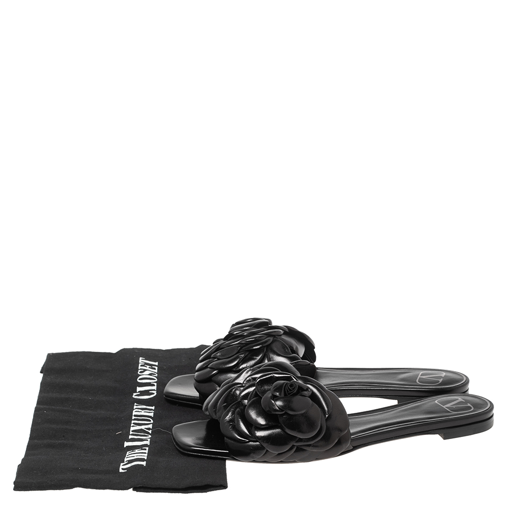 Valentino Garavani Black Leather Atelier 03 Rose Edition Slides Sandals Size 35.5